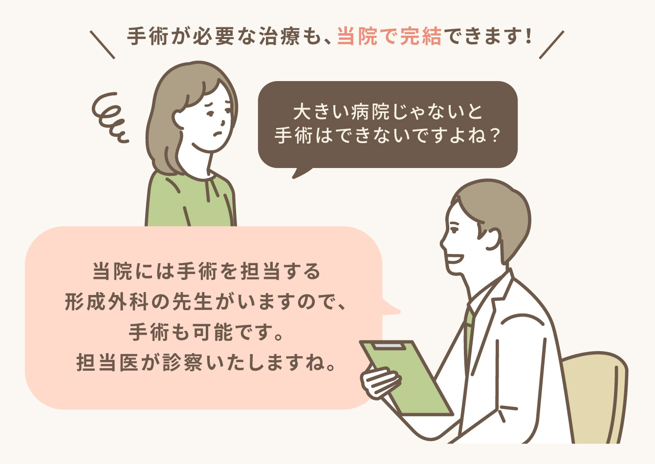 手術が必要な治療も、当院で完結できます！
【患者】「大きい病院じゃないと手術はできないですよね？」
【医者】「当院には手術を担当する形成外科の先生がいますので、手術も可能です。担当医が診察いたしますね。」